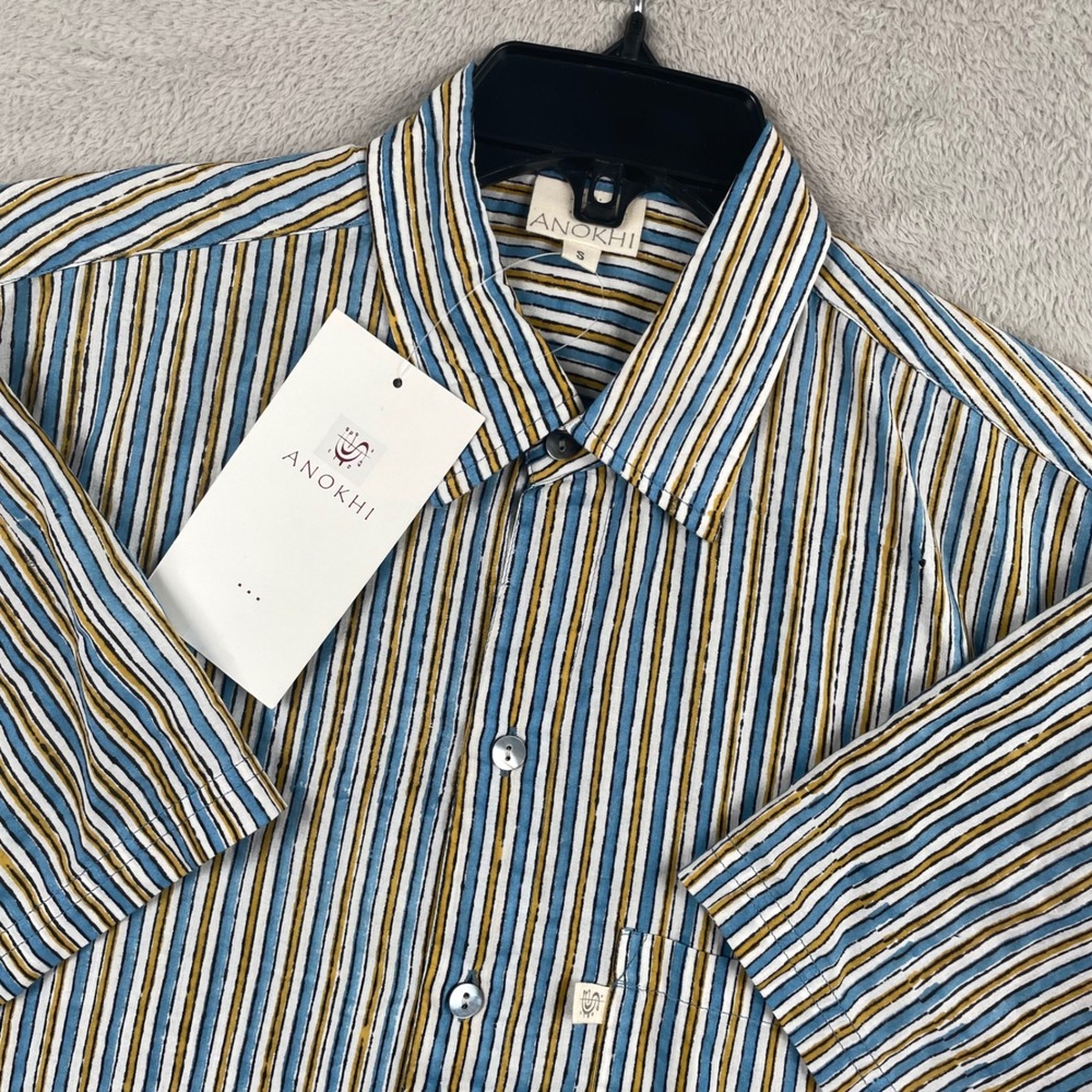 New Anokhi Shirt Mens Small Fitted Blue Yellow Striped Button Up Vacation NWT